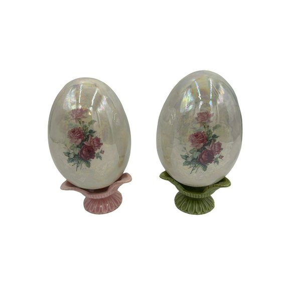 2 Hobbyist Hand Painted Ceramic Easter Eggs Floral Iridescent Matching Stands - Picture 1 of 7